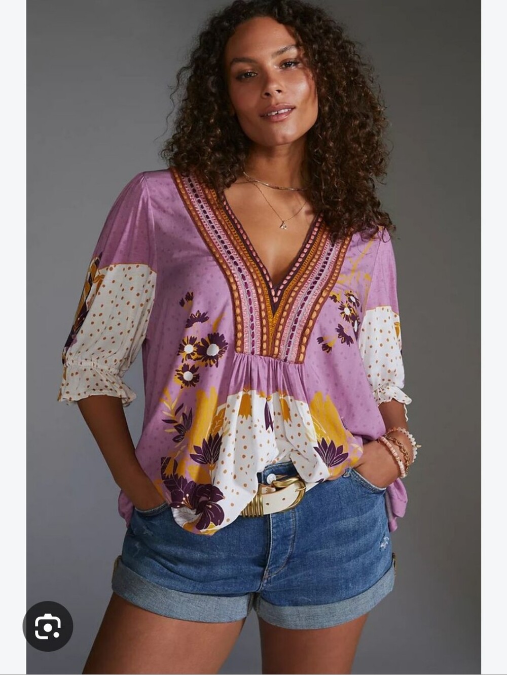 Boho V-Neck Floral Tunic in Purple, White & Yellow.